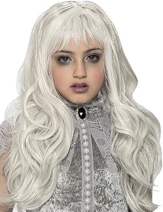 Fantasia branca fantasma peruca meninas criança anjo fantasma zumbi longo franjas retas NOVO - Imagem 2 de 2