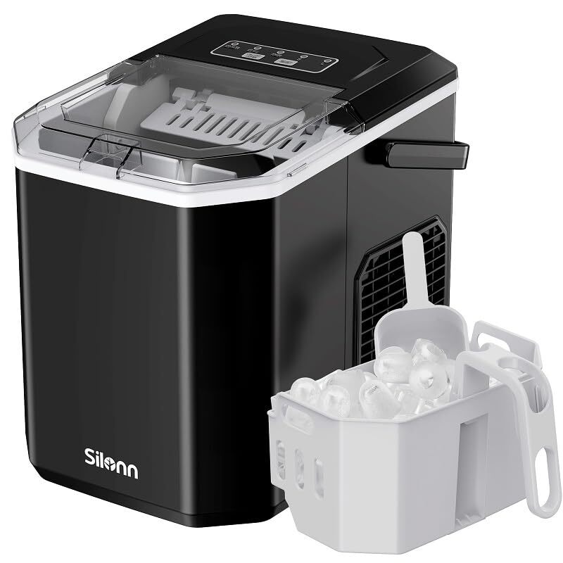 Silonn Ice Maker Countertop Machine with Handle, 26lbs in 24h, 9 Ice Cubes Re...