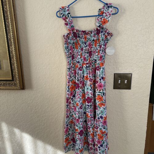 New Chenault Dress Medium Floral Pink Red Cream Sparkle Spring Gift Ruffle Top