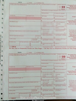 2022: 5 SHEETS 1099-B IRS Proceeds Broker/Barter Exch & 2=1096 Transmittal Forms