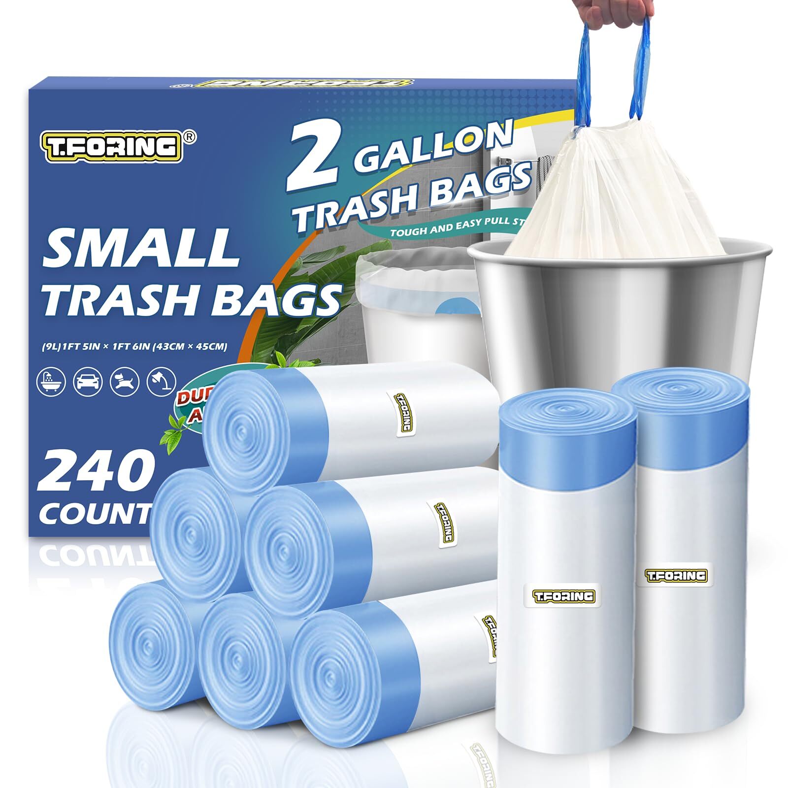 240 Count 2 Gallon Trash Bags Drawstring - Thick Small Garbage Bags Unscented...