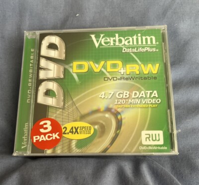 Verbatim DVD+RW 3 Pack 4.7 GB Data 2.4X Speed Rewritable DataLifePlus NEW!