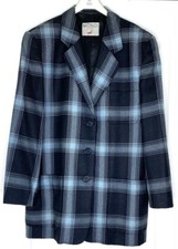 Mondi Light Blue Dark Gray Plaid Check Print Blazer Car Coat Topper Jacket 12 42