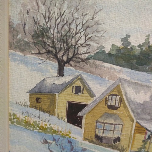 2 Paintings Antique American Farm cabin Folk Art Winter Landscape watercolor - Picture 5 of 12