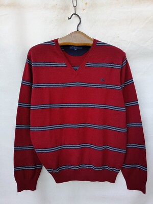 Burberry Striped Sweater Mens Large Burgundy Merino Wool V
