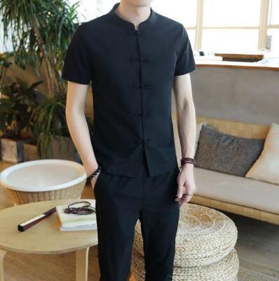 Men's Summer Tops Suit Short Sleeve Casual Youth T-shirt Pant 2Pcs Tang suit New