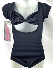 NWT Eurotard Girls Black Short Sleeve Leotard, Lined Front, Bow Back, Size XS