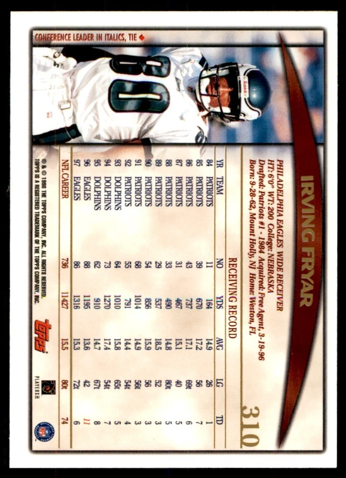1998 TOPPS IRVING FRYAR PHILADELPHIA EAGLES #310 - Image 2 of 2