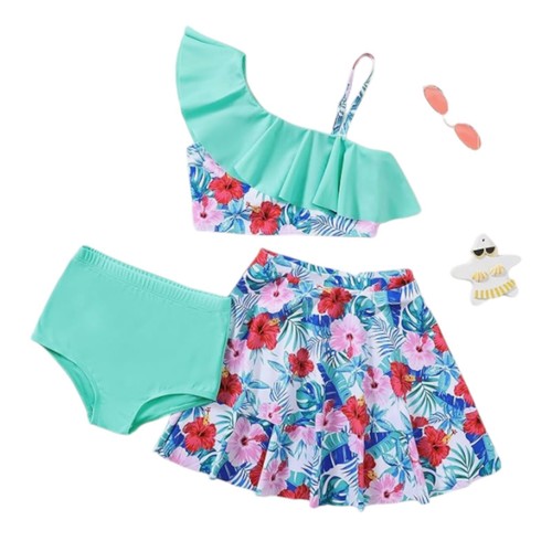 Girls 3 Piece Bathing Suit One Shoulder Ruffle Flounce Bikini Set with Cover Up