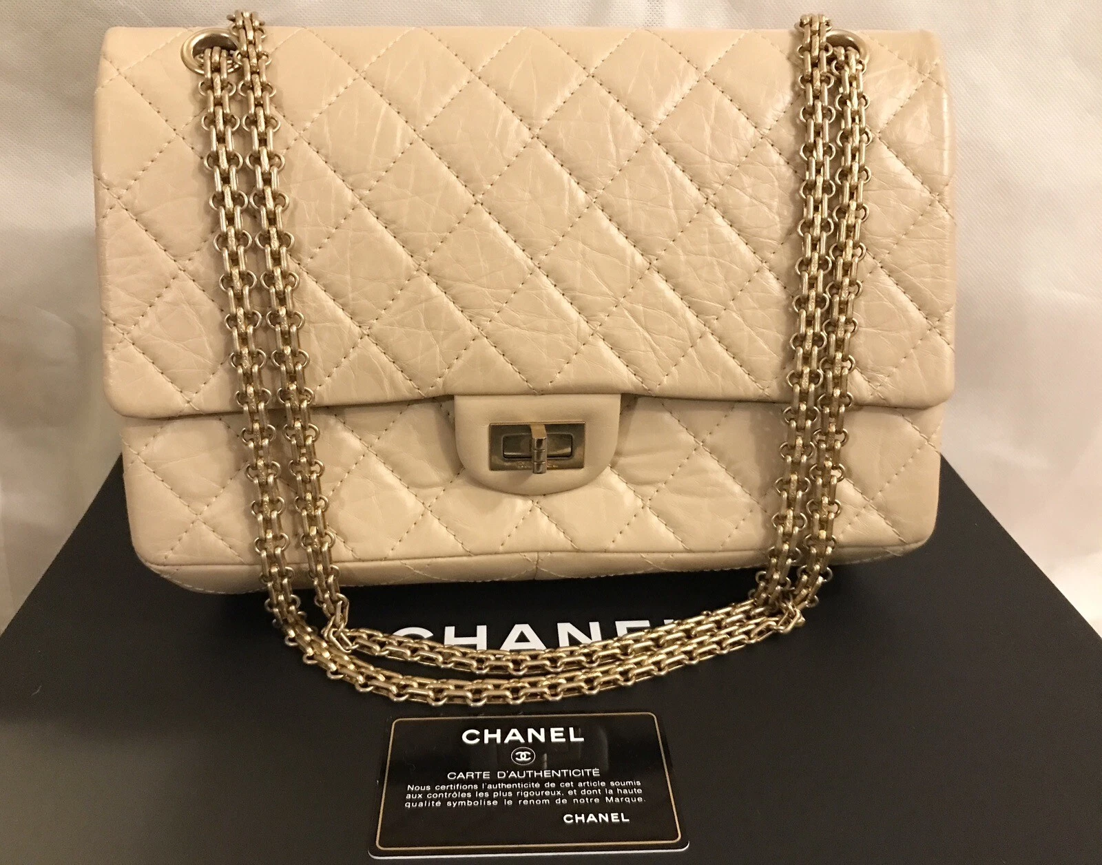 RARA BORSA TRAPUNTATA CHANEL BEIGE 2.55 RISTAMPA 226 DOPPIA PATTA ORO GHW