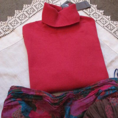 100% PURE CASHMERE JUMPER supersoft new raspberry polo neck uk10 rrp £170 bnwt