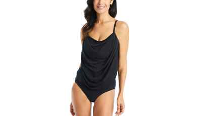 Beyond Control BLACK Solid Essentials Draped Cowl Neck One Piece Swimsuit, US 10