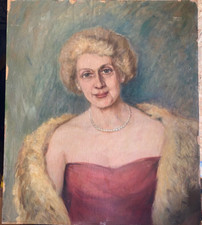 ::OIL PAINTING PORTRAIT FINE LADY WITH FUR COAT AND PEARL NECKLACE BLONDE HAIR