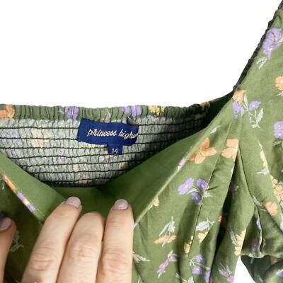 Princess Highway green floral midi dress puff sleeves square neck size 14  NEW | eBay