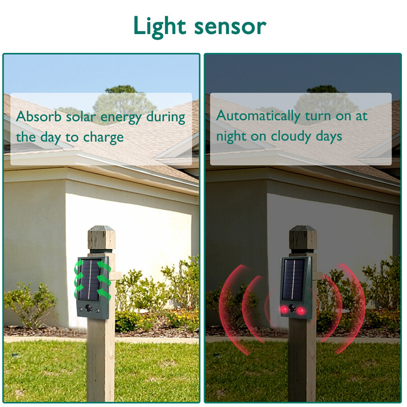 Repelente de animales ultrasónico solar Ahuyentador de perros, gatos y pájaros