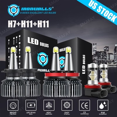 8-sides H7 H11 H11 LED Combo Headlight High Low Beam Fog Bulb 6000K Super Bright