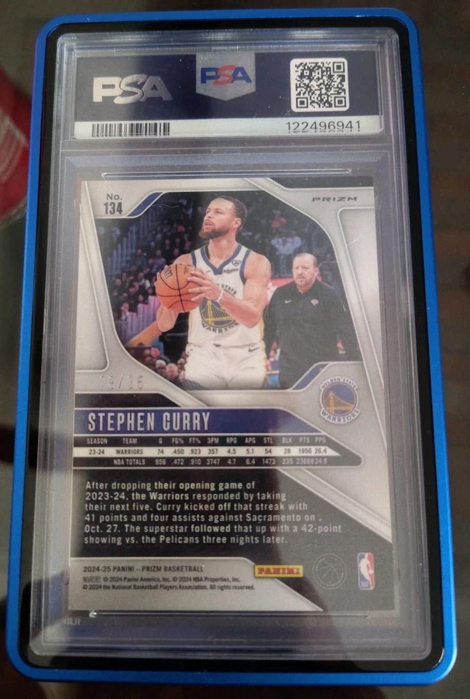 2024 PANINI PRIZM BLUE SHIMMER FOTL #134 STEPHEN CURRY 19/35 PSA 8 view 2