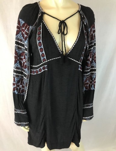 Free People All my life mini  Dress XS Black Boho Embroidery Pullover Pockets  - Picture 3 of 5