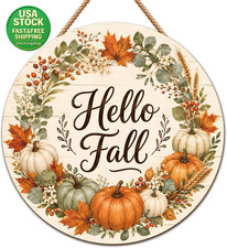 Hello Fall Wreath Rustic Wood Door Sign Autumn Front Porch Farmhouse Decor