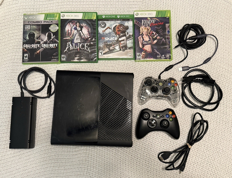 Microsoft Xbox 360 E Console Bundle, 2 Wired Controllers, AC Adapter, 4 Games