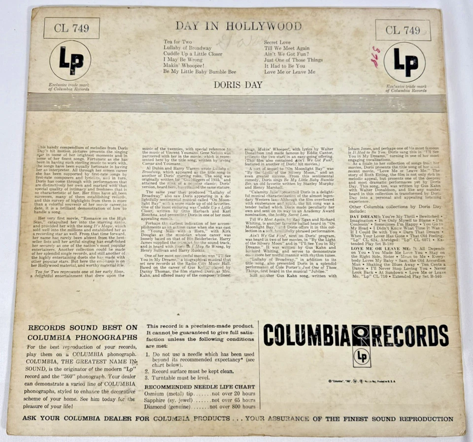 Doris Day – Day in Hollywood LP Vinyl Record Columbia CL 749 Promo 1955 - Image 4 of 4