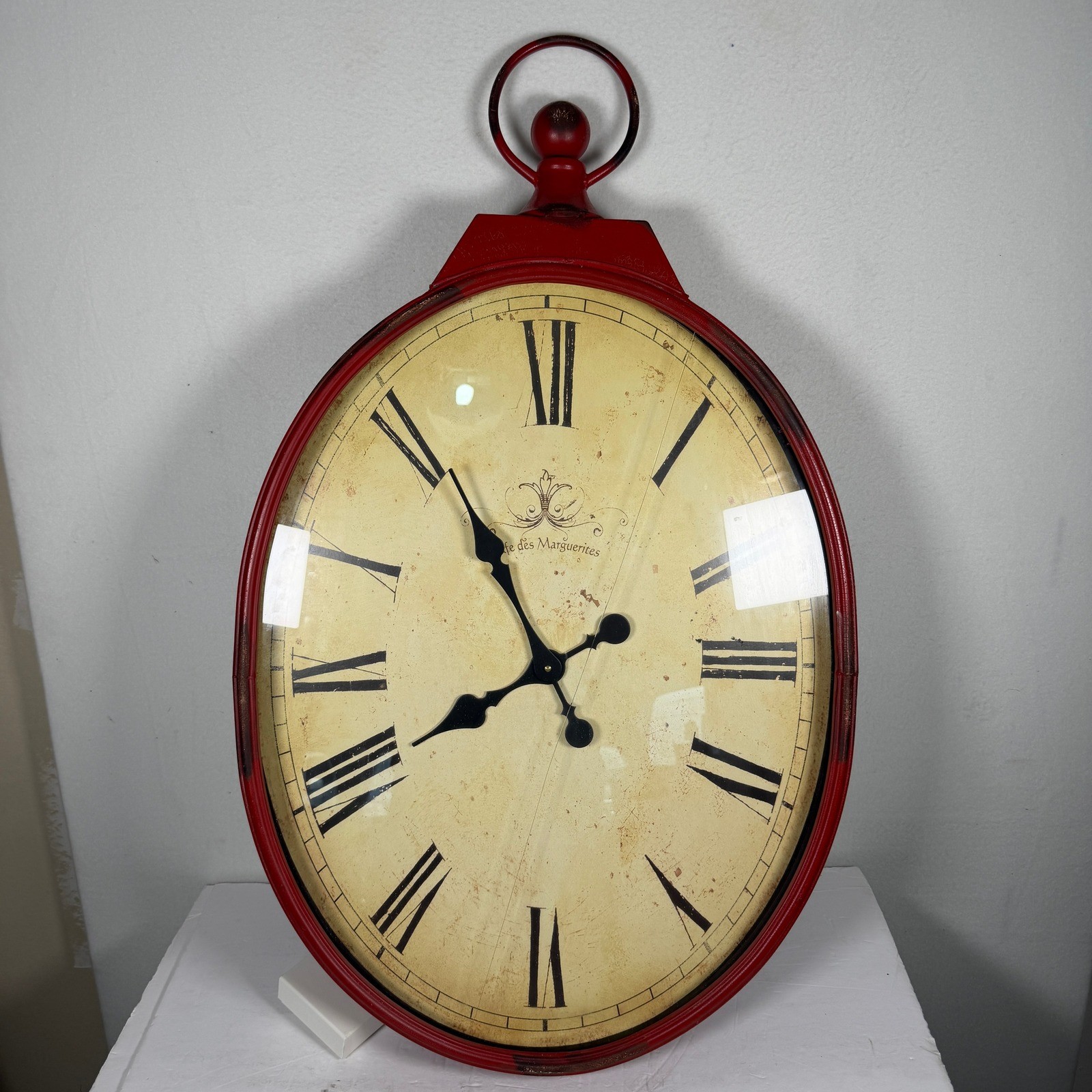Cafe des Marguerites Red Oval Wall Clock Distressed Metal Vintage Style 35in