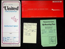 Vintage 1970s United Airlines Ticket, Re-Boarding Pass & Itinerary Set - USA