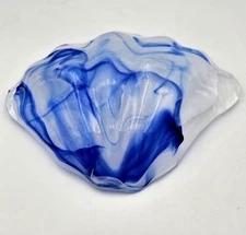 Cobalt Blue/Clear Seashell Swirl Art Glass Centerpiece Bowl 10" x 8" x 3"