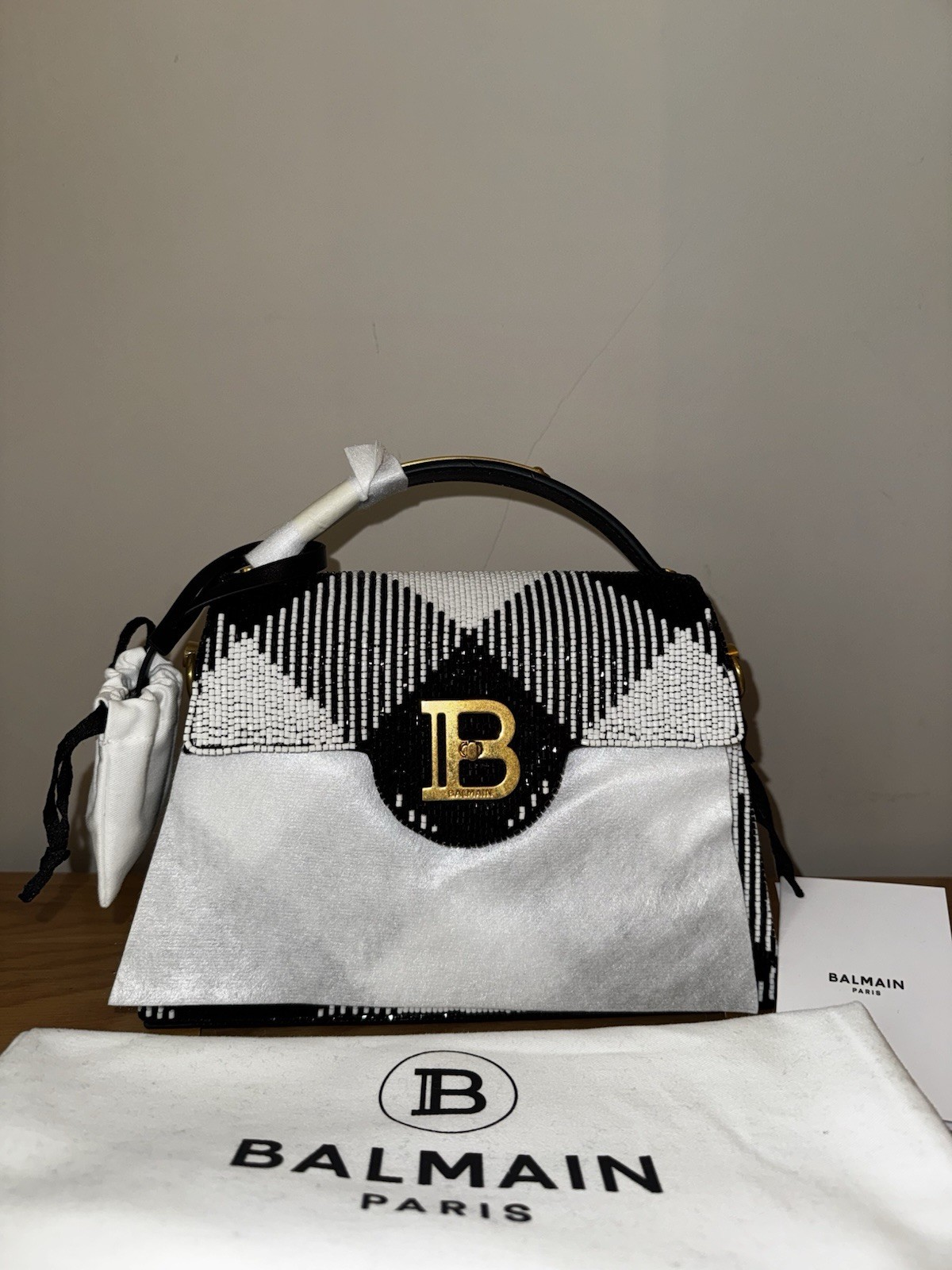 Balmain B-Buzz Dynasty Top-Handle Bag satin silk and beaded design
