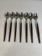 7Pc Vtg Epic Flatware Canoe Iced Ice Tea Spoons Faux Wood Handles Japan MCM