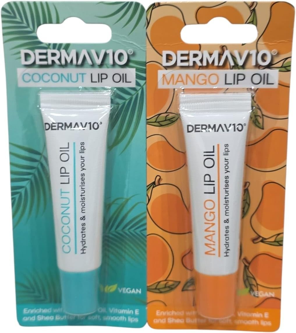 Derma V10 Coconut Mango Lip Oil Vitamin E Shea Butter Vegan 2x 10ml moisturised