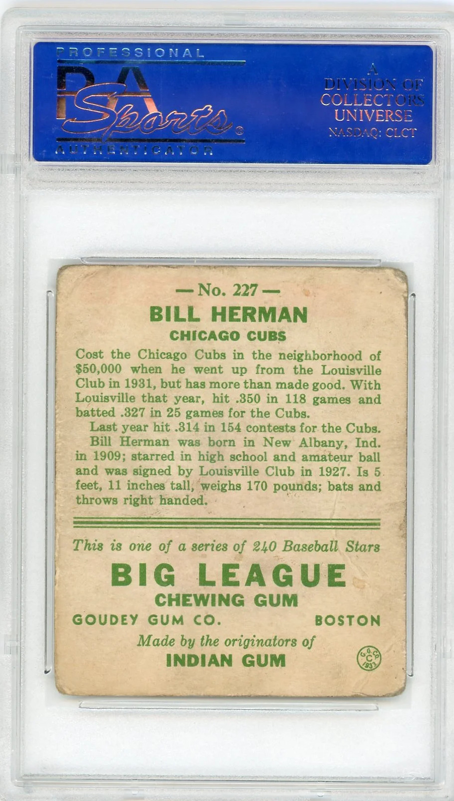1933 Goudey Bill Herman #227 PSA 2 view 2