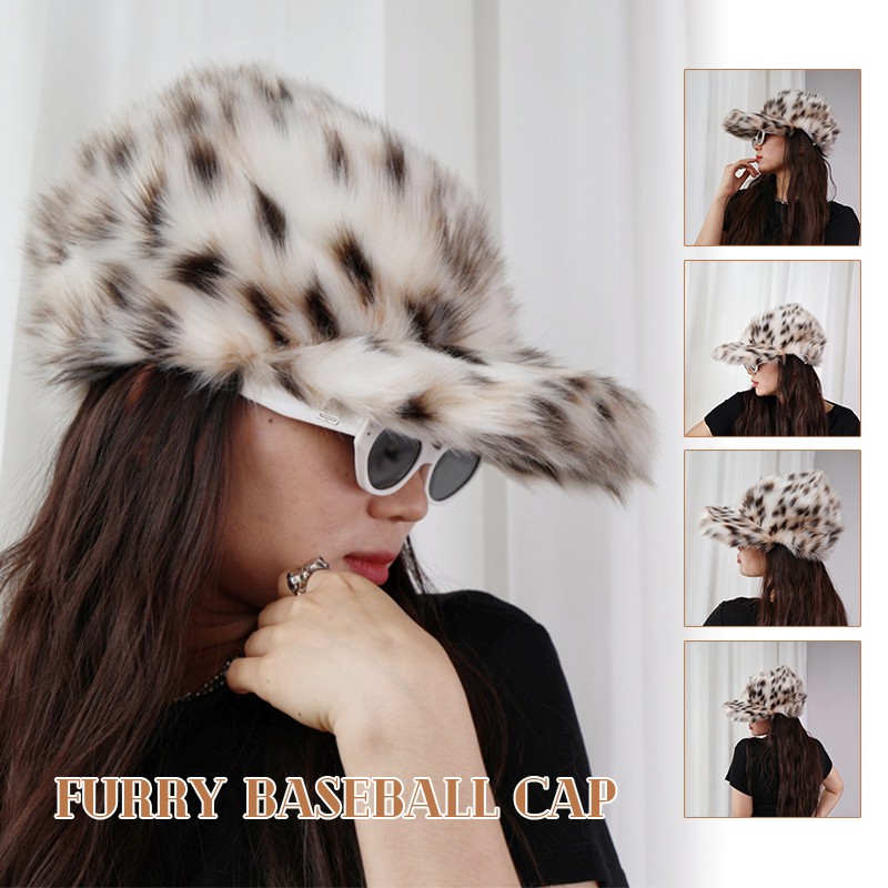 Leopard Print Baseball Cap Women Plush Faux Fur Baseball Cap  display picture 3