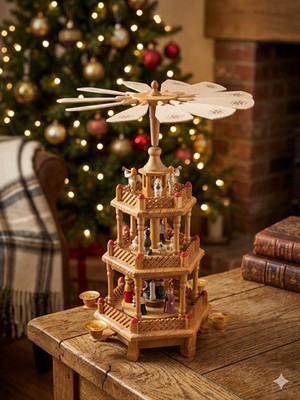 Vintage Wooden Christmas Pyramid 3 Tier Nativity Candle Carousel Windmill 17''