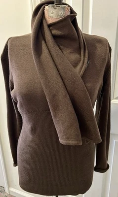 RARE Vintage Claude Montana Paris Brown Zipper Sweater L Attached Scarf Italy - Image 1 of 4