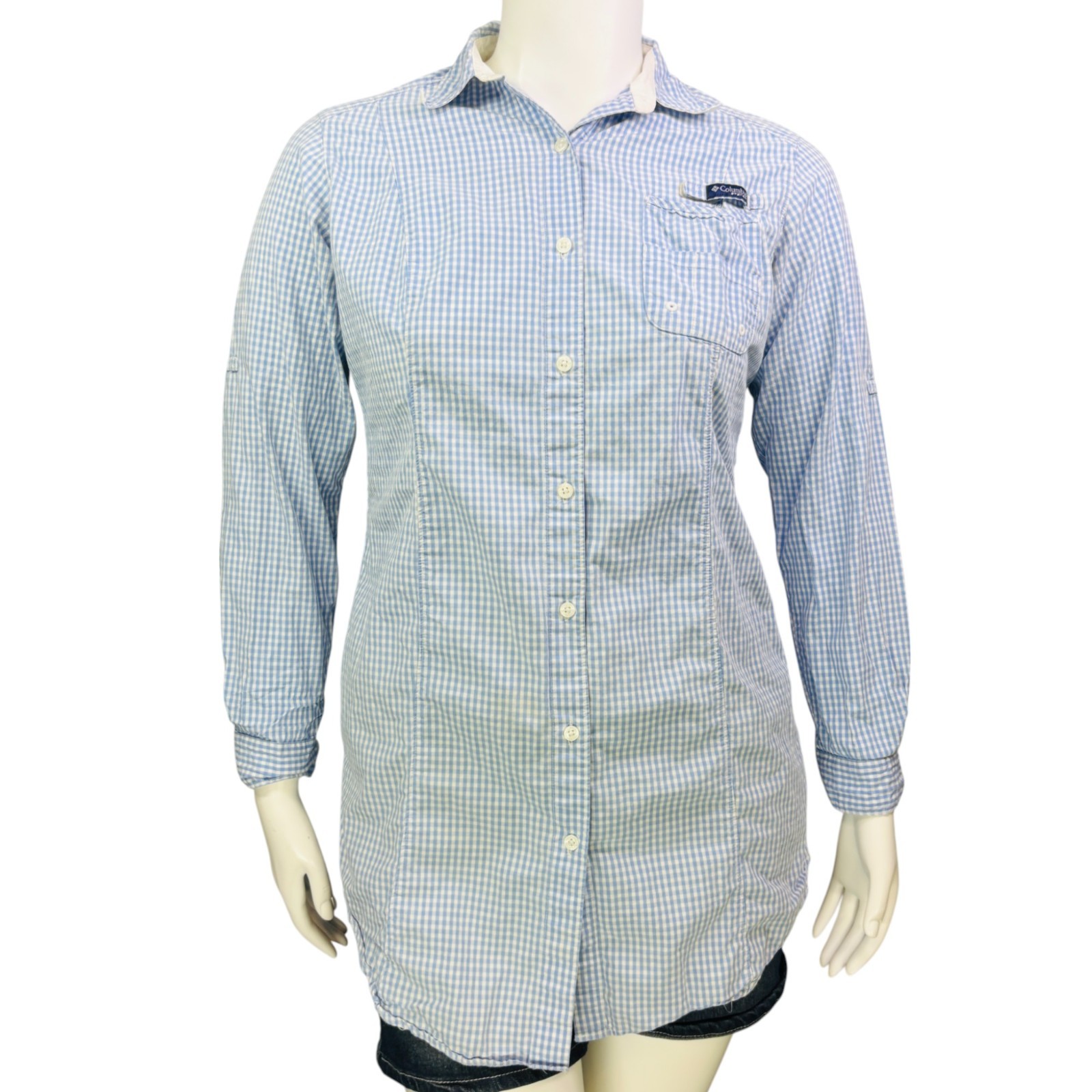 Columbia Womens Super Bonehead Tunic Dress Blue Gingham Fishing Long Sleeve L thumbnail 2