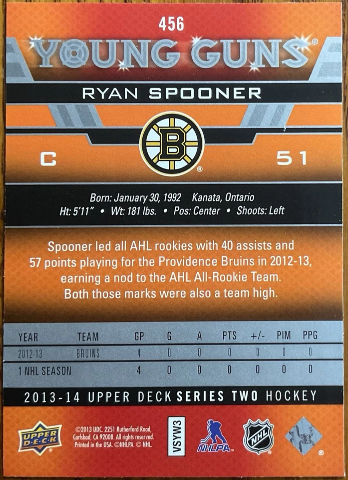 2013-14 Upper Deck Young Guns Rookie RC Ryan Spooner #456 Boston Bruins - Image 2 of 2