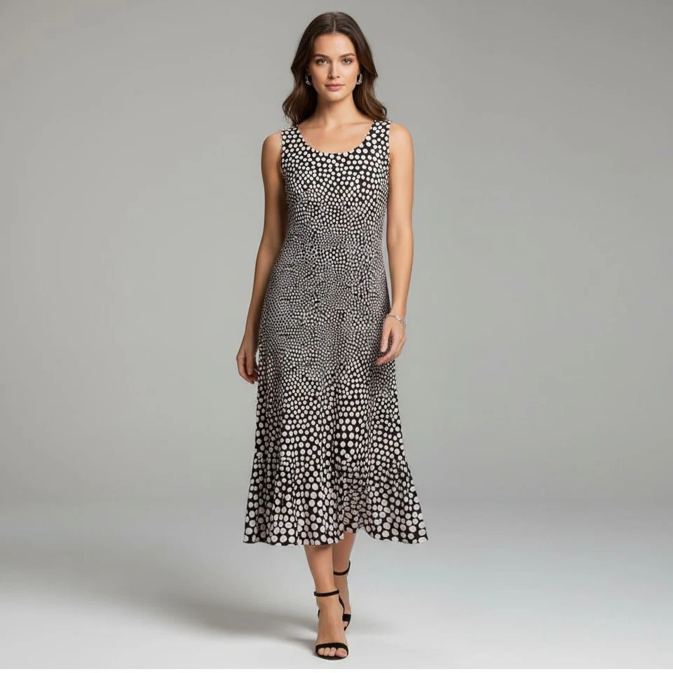 Vestido Danny & Nicole Midi Talla 14 Negro Crema Lunares Sin Mangas Tejido Elástico Foto 3 de 4