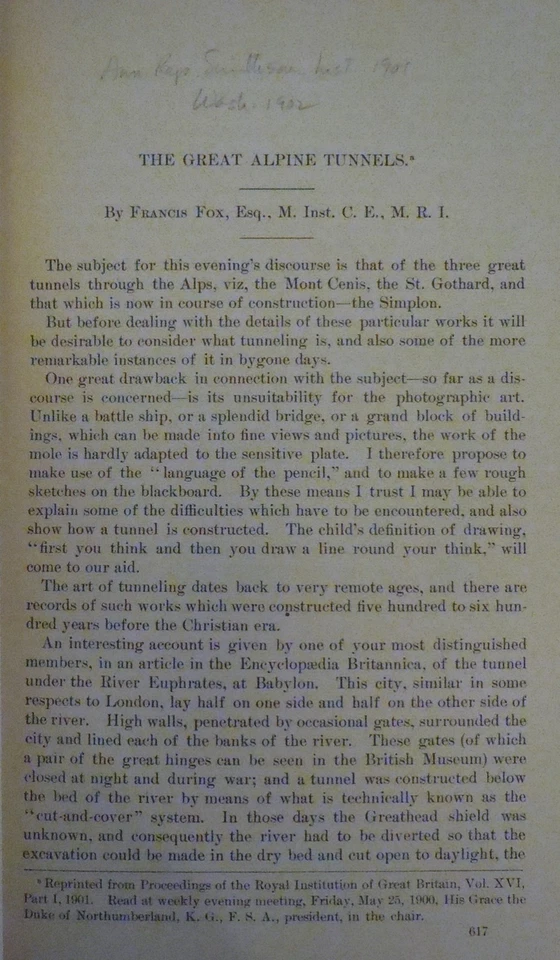 THE GREAT ALPINE TUNNELS by Francis Fox 1902 - Smithsonian Institution - Image 2 of 4