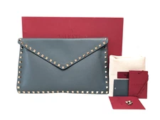 VALENTINO GARAVANI Clutch Bag Rock Stud Leather Purse Blue gray