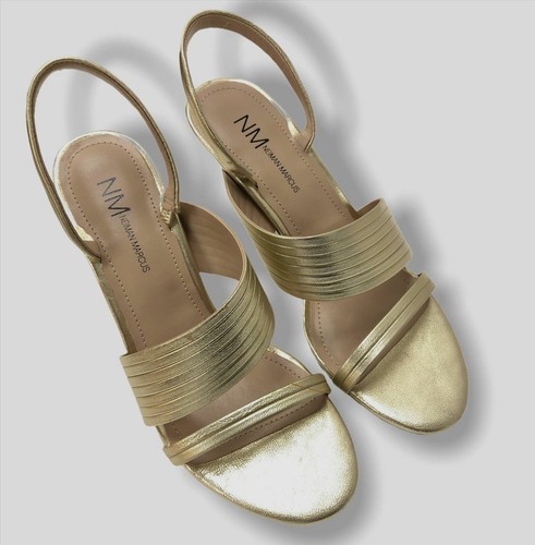 $119 Neiman Marcus Women Gold Metallic Helen Leather Strap Sandals Shoes US 6 M