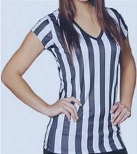 Mato & Hash Womens V-Neck Referee Waitress Shirt Bar Black White Stripe Size M