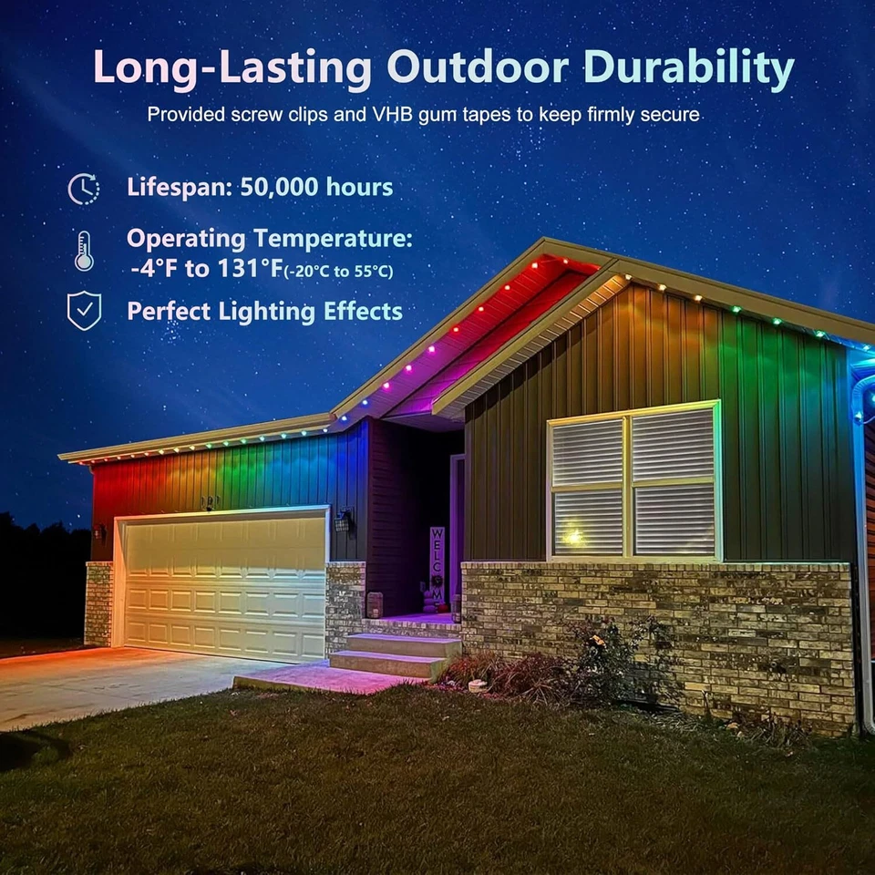 Luces exteriores permanentes 200 pies, luces exteriores inteligentes RGB impermeables con 144 LED Foto 2 de 4