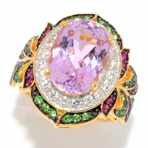 Meher Jewelry 14 x 10mm Kunzite, Ruby, Tsavorite & White Zircon Gemstone Ring