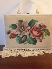 Stylecraft, Mami box purse with lucite handel and Needle Point Flowere