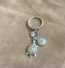 Multi Charm Keychain Silver Tone Turtle Seashells Silver Disc C45-12
