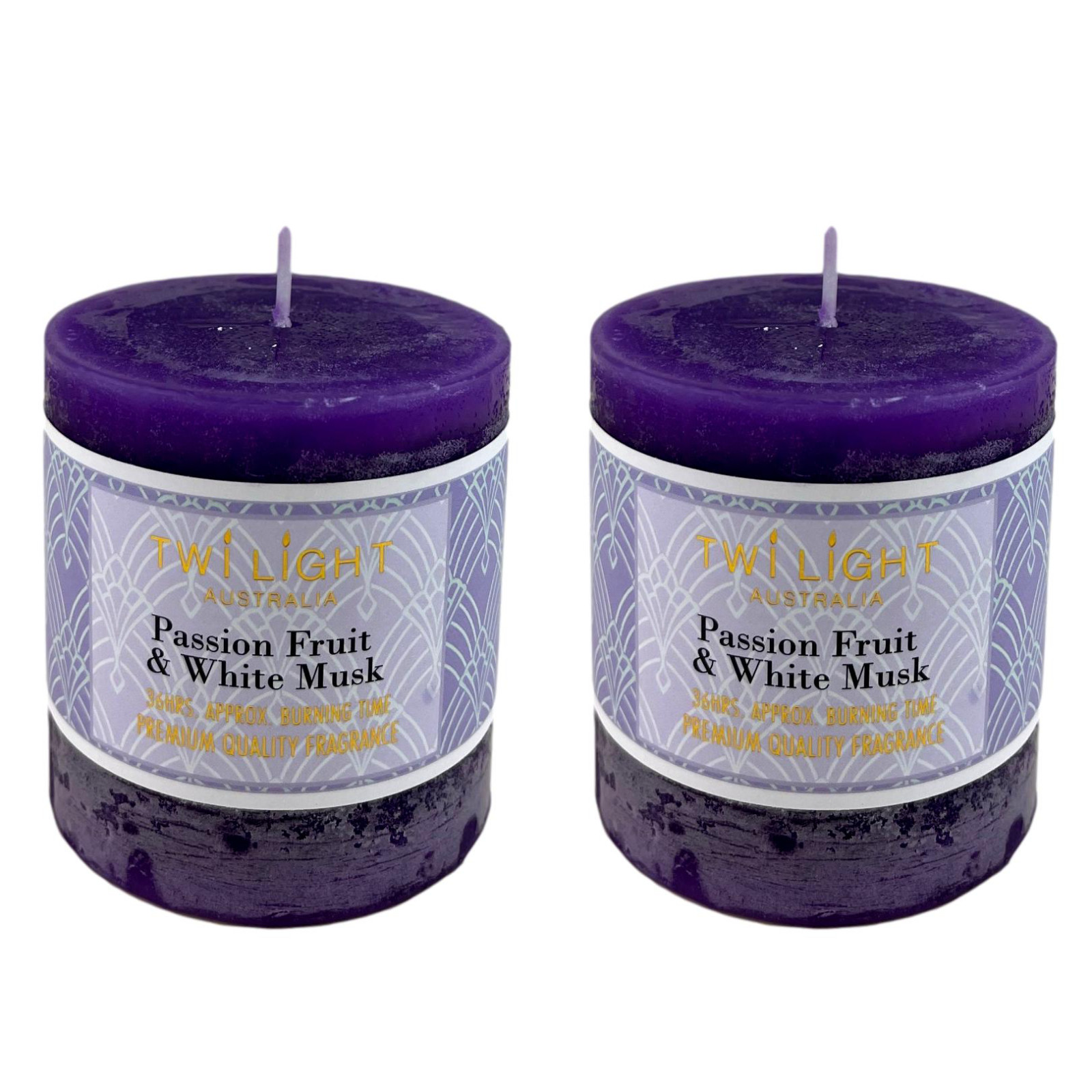 2x Scented Pillar Candle Passion Fruit & White Musk Purple 6.8x7.5cm 36Hours