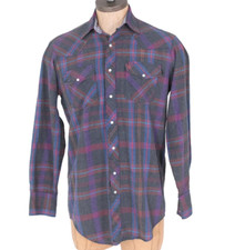 VTG gray plaid western snap front shirt size large cowboy rodeo country farm L