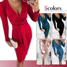 S-3XL Womens V Neck Bodycon Midi Dress Lady Cocktail Evening Party Long Dresses 