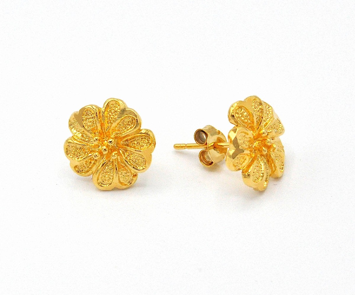 Thai Gold Flower Stud Earrings Handmade Jewelry for Women Yellow